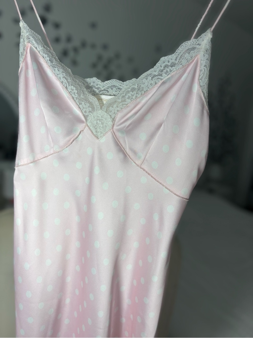 LoveShackFancy manuela Pale Pink Polka Dot Satin Slip Dress with White Lace - Picture 4 of 8
